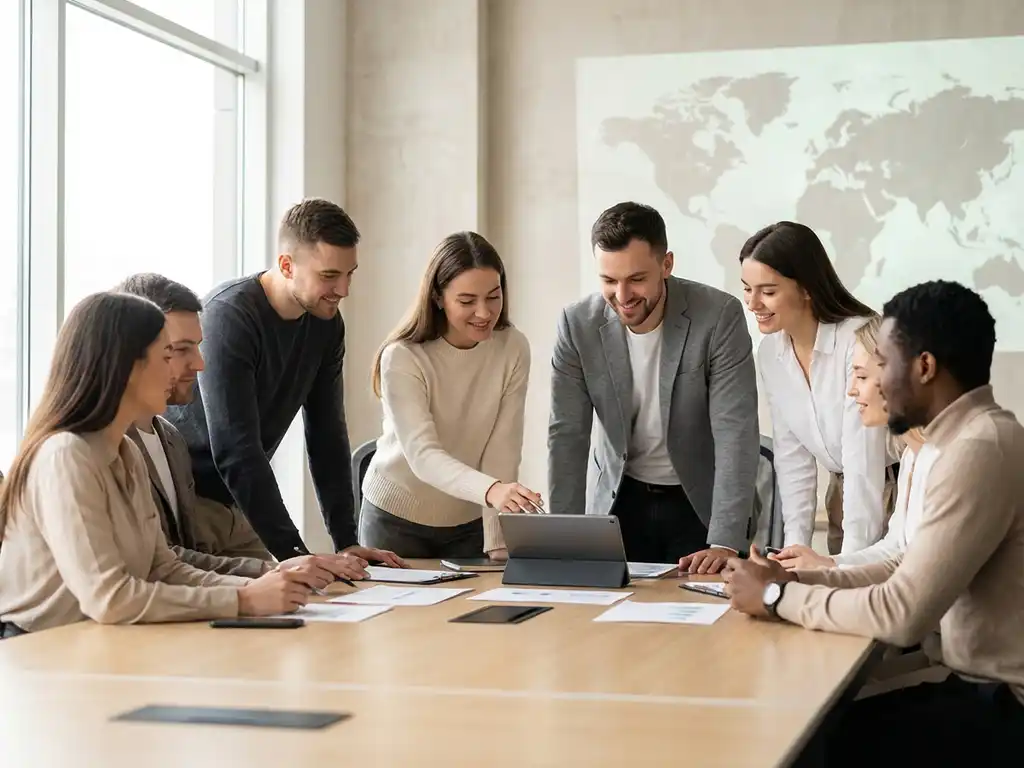 Diverse professionals bespreken documenten rond conferentietafel met wereldkaart op achtergrond, één persoon wijst naar tablet