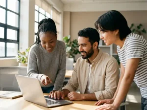 Drie IT-professionals bespreken werk rond laptop in modern kantoor met natuurlijk licht door grote ramen