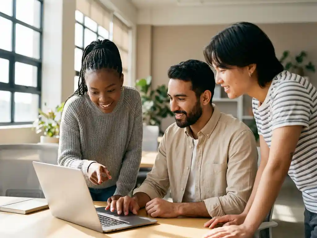Drie IT-professionals bespreken werk rond laptop in modern kantoor met natuurlijk licht door grote ramen