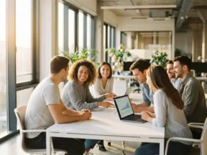 Jonge professionals in gesprek rond witte vergadertafel in licht kantoor met grote ramen en natuurlijk zonlicht