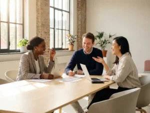 Drie professionals bespreken documenten aan houten vergadertafel in modern kantoor met natuurlijk licht