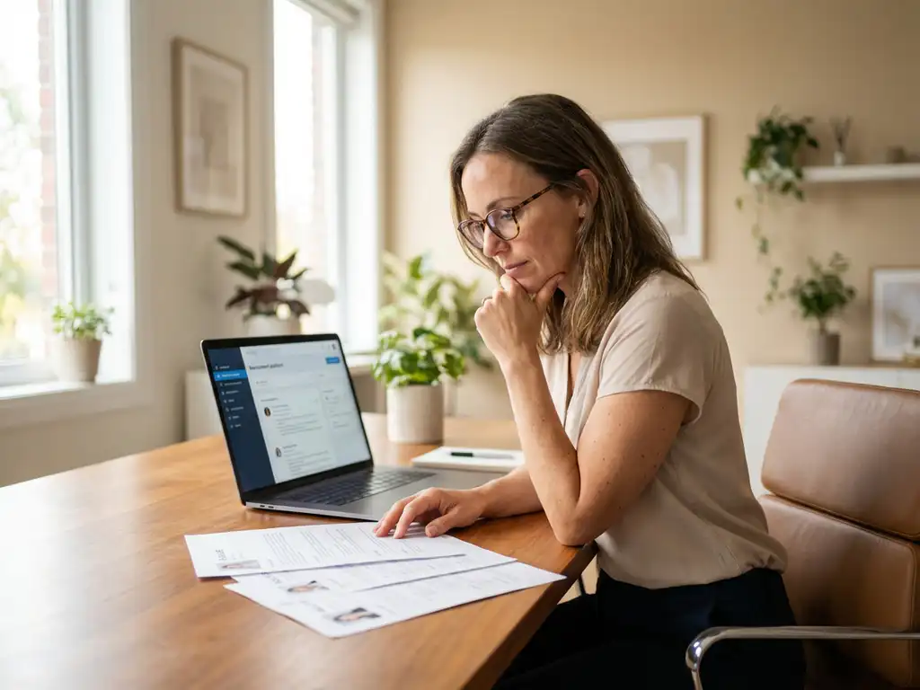 Ondernemer bekijkt cv's op houten bureau naast laptop met wervingsplatform in licht modern kantoor