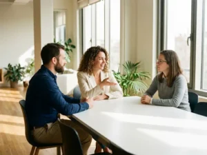 Drie managers in gesprek aan moderne witte vergadertafel, vrouw legt concepten uit aan aandachtige collega's bij raam