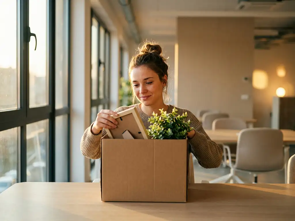 Jonge professionele vrouw pakt persoonlijke spullen uit bureaulade in kartonnen doos, warme middagzon door kantoorvensters