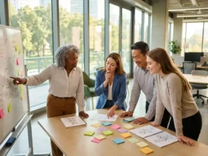 Drie professionals bespreken klantpersona's met gekleurde notities op conferentietafel in modern kantoor