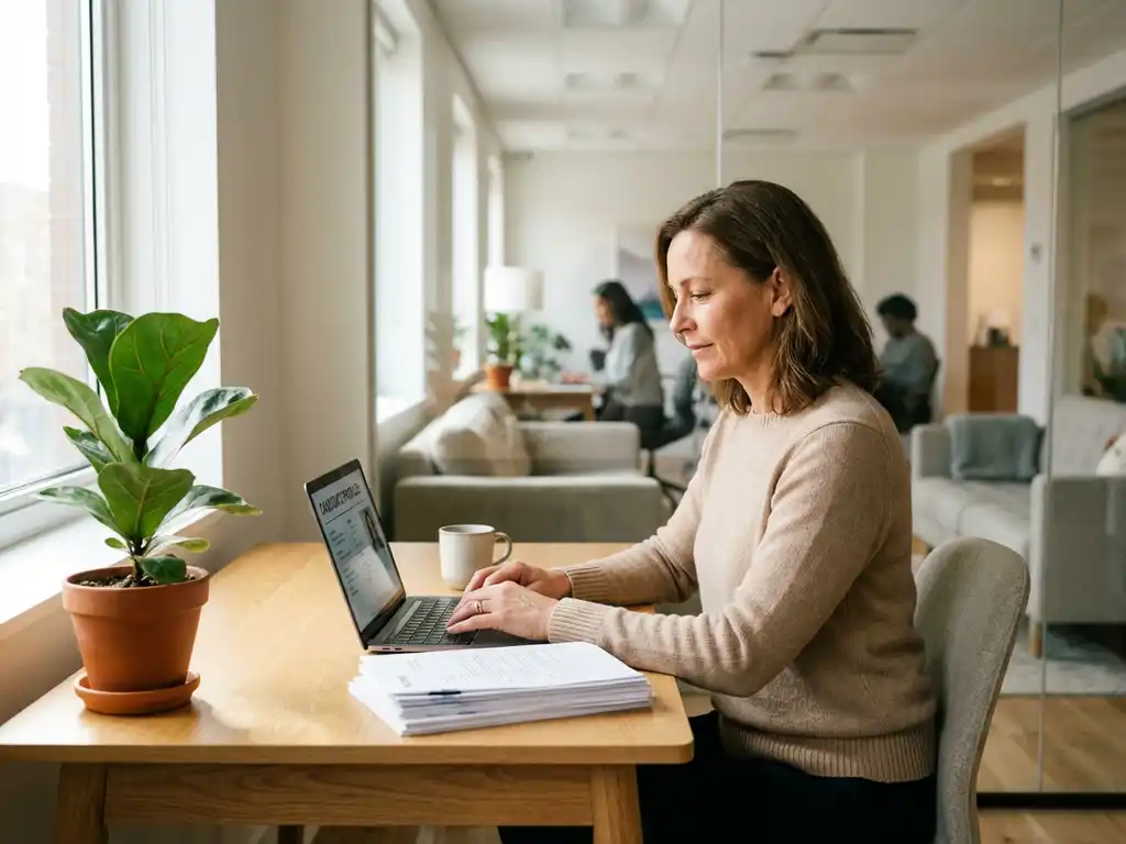Kleine onderneemster bekijkt kandidaatprofielen op laptop aan houten bureau met cv-stapel en plant bij raam
