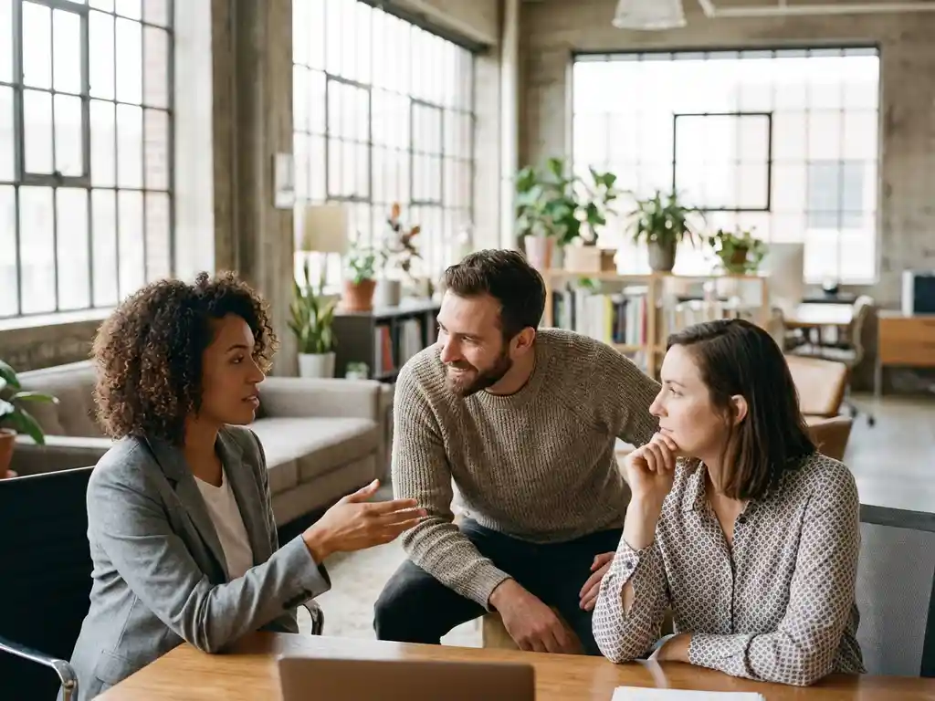 Drie diverse professionals in gesprek in modern kantoor met natuurlijk licht door grote ramen