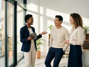 Drie professionals in gesprek in modern kantoor met tablet, natuurlijk licht door grote ramen