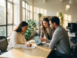 Drie professionals werken samen rond laptop in modern kantoor, één persoon schetst merkconcepten op papier