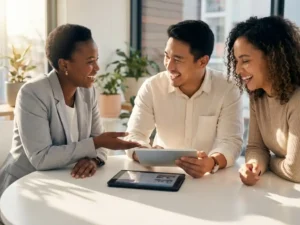 Drie professionals bespreken succesverhalen aan witte vergadertafel in modern kantoor met natuurlijk licht