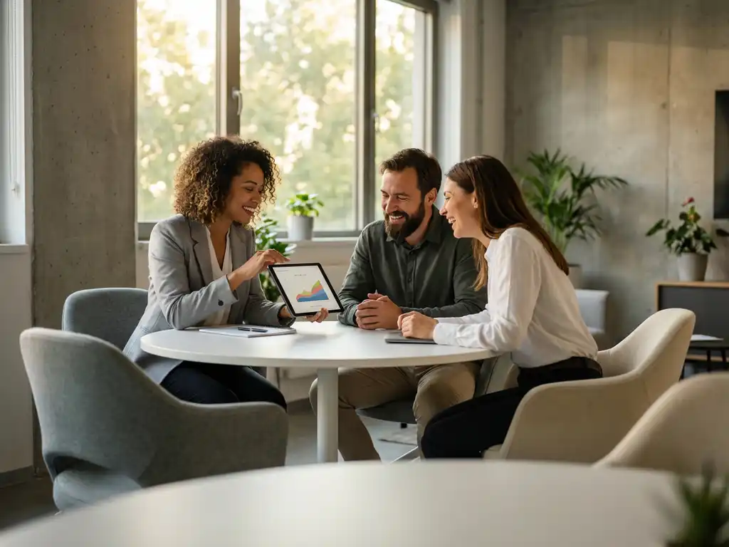Drie diverse professionals bekijken samen een tablet aan moderne witte vergadertafel in hedendaags kantoor met natuurlijk licht
