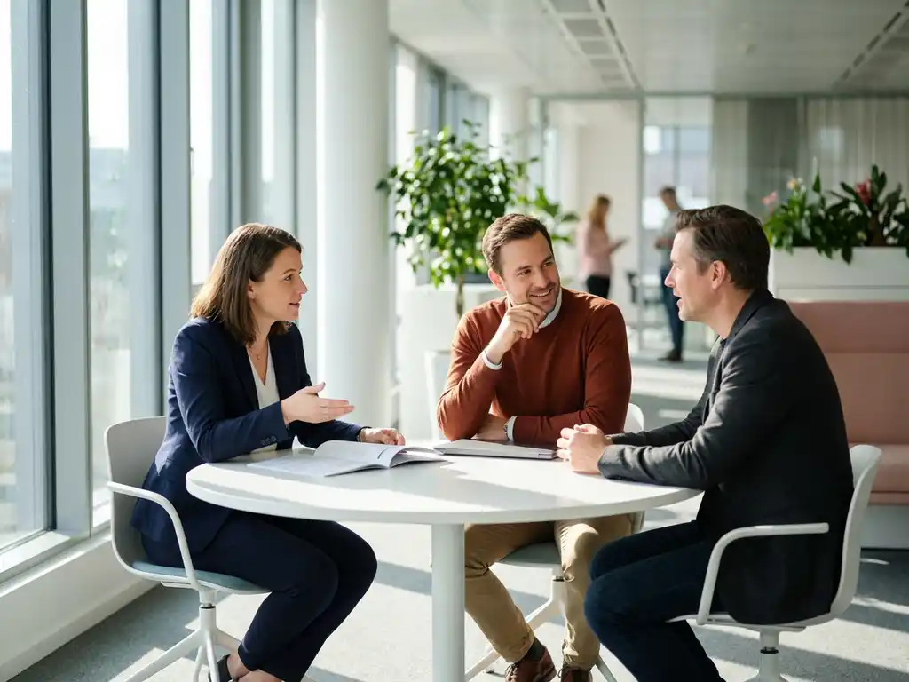 Drie professionals in gesprek rond witte vergadertafel in modern kantoor met natuurlijk licht door ramen