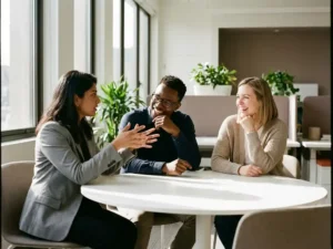 Drie professionals in gesprek rond witte vergadertafel in modern kantoor met natuurlijk licht en planten