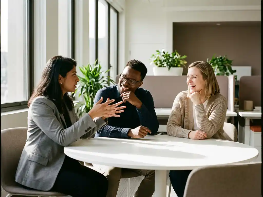 Drie professionals in gesprek rond witte vergadertafel in modern kantoor met natuurlijk licht en planten