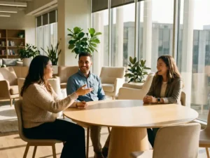 Drie diverse professionals lachen en praten rond moderne houten vergadertafel in licht kantoor met planten