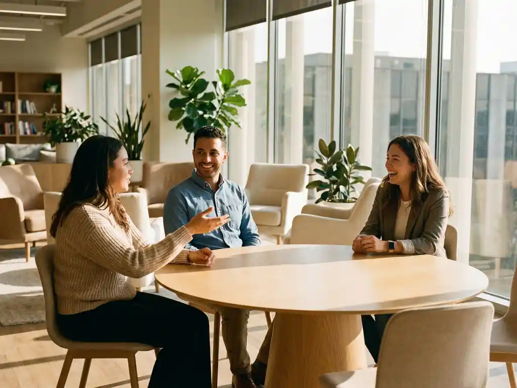 Drie diverse professionals lachen en praten rond moderne houten vergadertafel in licht kantoor met planten