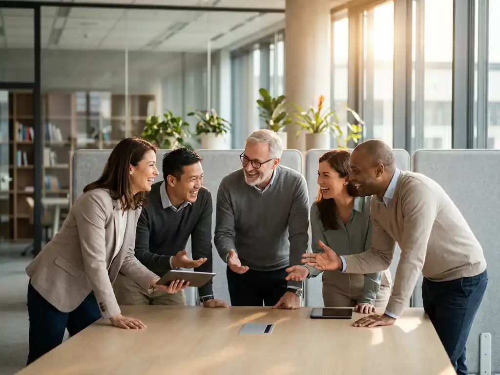 Vijf diverse professionals in levendig gesprek rond moderne vergadertafel in licht kantoor met natuurlijke belichting