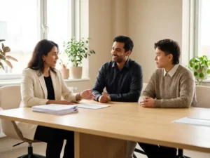 Drie diverse professionals in ontspannen overleg aan moderne houten vergadertafel bij natuurlijk raamlicht