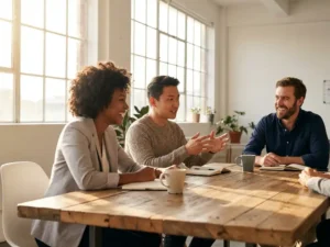 Drie diverse professionals in gesprek aan houten vergadertafel in modern kantoor met natuurlijk licht