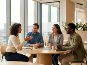 Vier diverse professionals in gesprek rond houten vergadertafel in licht modern kantoor met grote ramen
