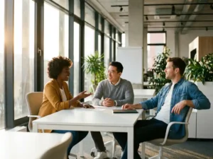 Drie diverse professionals in gesprek rond witte vergadertafel in modern kantoor met natuurlijk licht