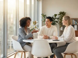 Drie professionals in gesprek rond witte vergadertafel in modern kantoor met natuurlijk licht