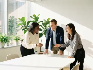 Drie professionals in levendige discussie aan witte vergadertafel met natuurlijk licht en kantoorplanten op achtergrond