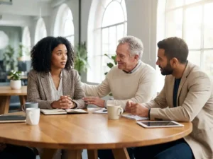 Drie diverse professionals in gesprek rond houten vergadertafel, één persoon oogt onzeker terwijl anderen begripvol luisteren