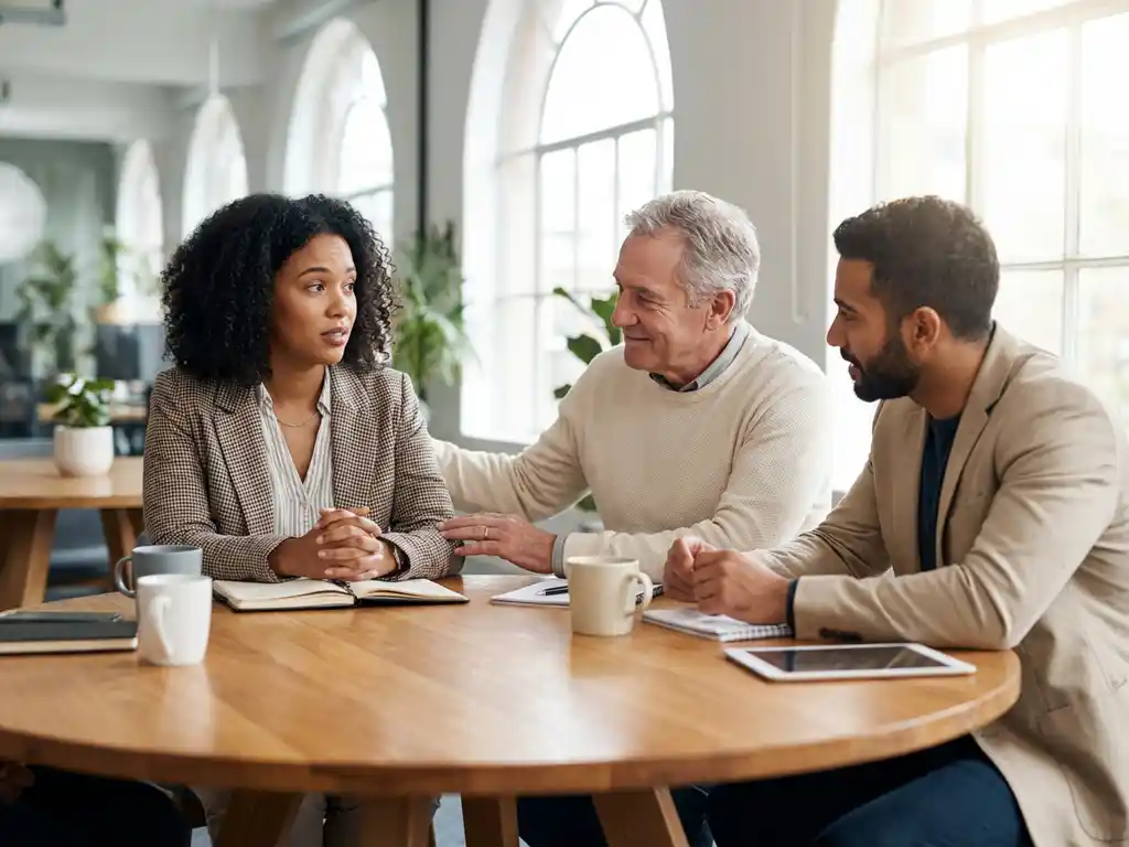 Drie diverse professionals in gesprek rond houten vergadertafel, één persoon oogt onzeker terwijl anderen begripvol luisteren