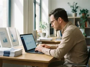 Professionele recruiter analyseert analytics dashboards op laptop aan houten bureau met rapporten en grafieken