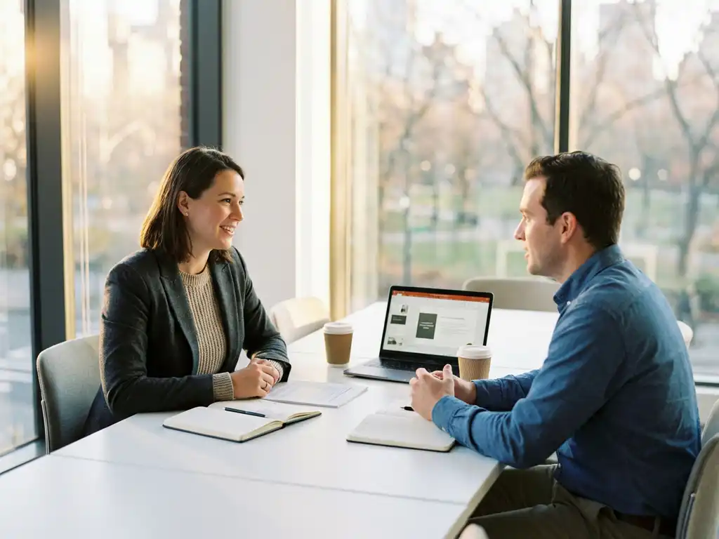 Professionele recruiter in gesprek met klant aan witte vergadertafel met laptop en documenten, natuurlijk licht door ramen