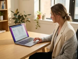 Professionele recruiter bekijkt compliance checklist op laptop aan houten bureau in licht kantoor