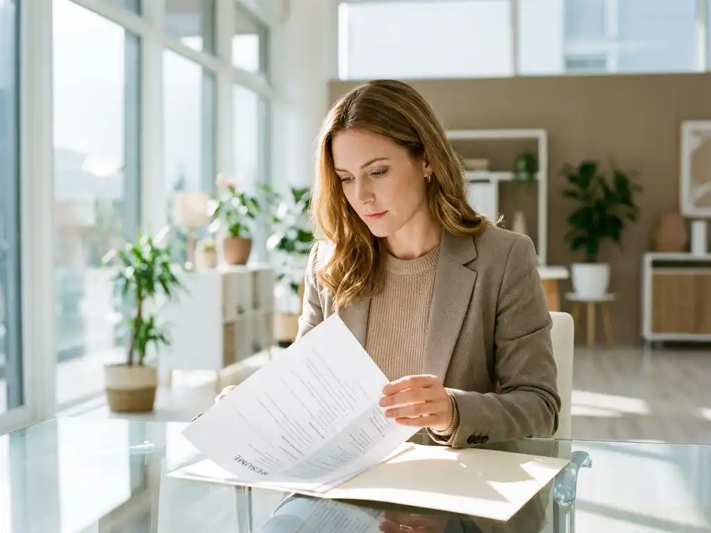 Professionele recruiter bekijkt cv aan glazen bureau met natuurlijk licht en kantoorplanten op achtergrond