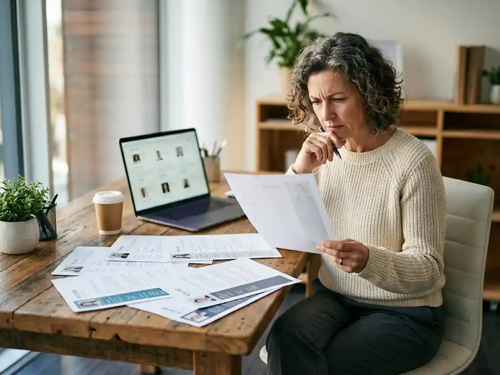 Recruiter bekijkt cv's aan houten bureau met laptop en kandidaatprofielen op achtergrond in natuurlijk licht