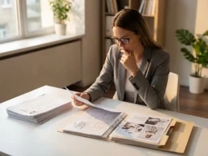 Professionele recruiter bekijkt kandidaatprofielen aan wit bureau met cv's en portfolio's uitgespreid in warm daglicht