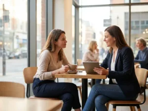 Recruiter en kandidaat voeren ontspannen gesprek in modern café met warme natuurlijke verlichting