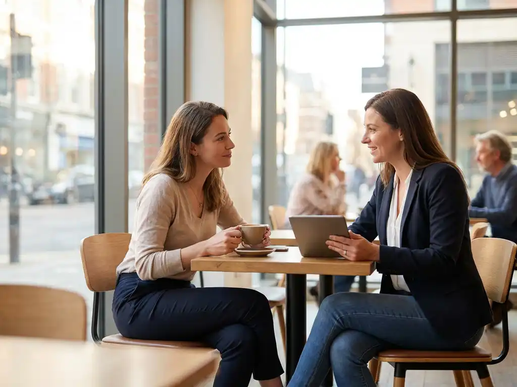 Recruiter en kandidaat voeren ontspannen gesprek in modern café met warme natuurlijke verlichting