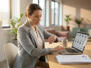 Professionele recruiter bekijkt kandidaatprofielen op laptop terwijl ze op horloge kijkt aan moderne bureauopstelling