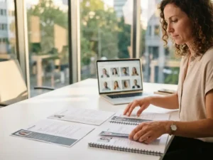 Recruiter beoordeelt kandidaatprofielen aan moderne werkplek met cv's en portfolio's uitgespreid op wit bureau