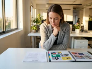 Professionele recruiter aan witte bureau vergelijkt traditioneel cv met creatief portfolio, natuurlijk licht door ramen