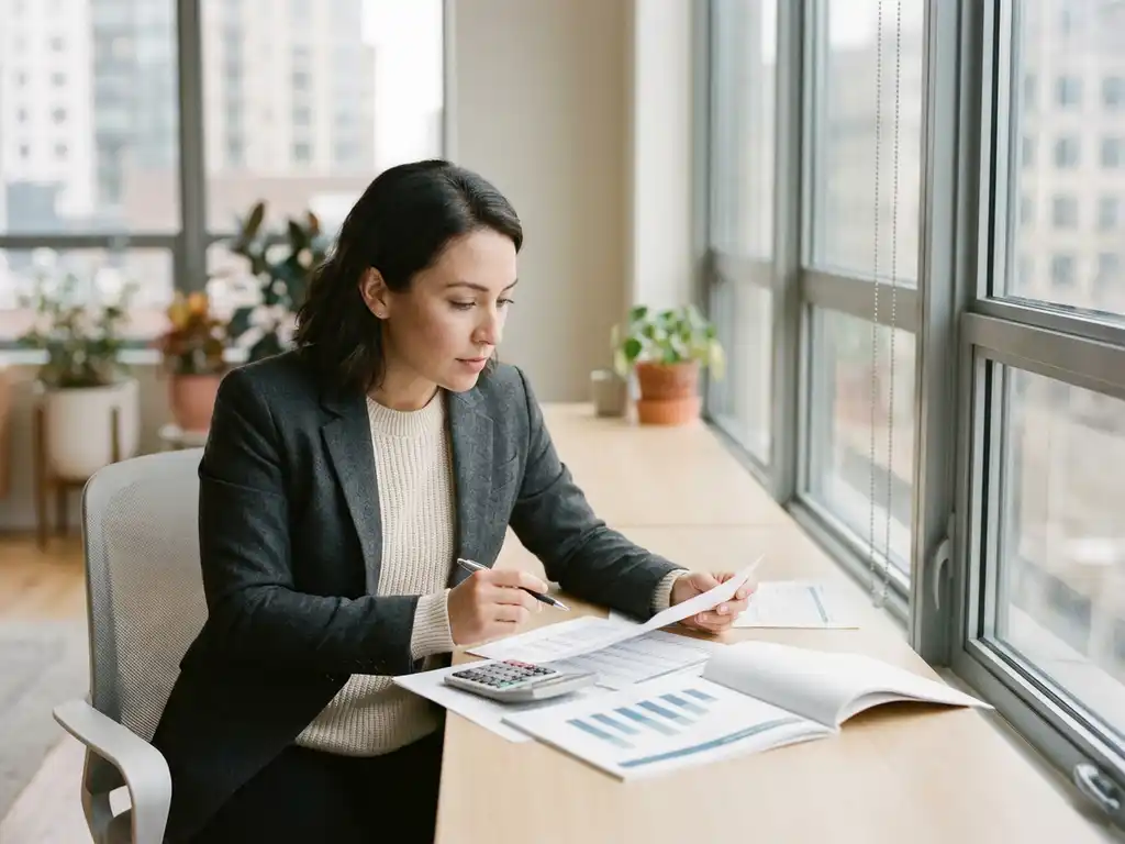 Professionele recruiter analyseert kostenrapporten aan moderne werkplek met calculator en financiële grafieken
