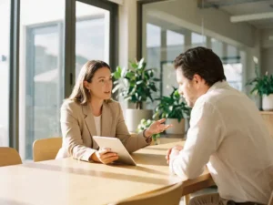 Professionele recruiter en bedrijfseigenaar in gesprek aan moderne eikenhouten vergadertafel, recruiter houdt tablet vast