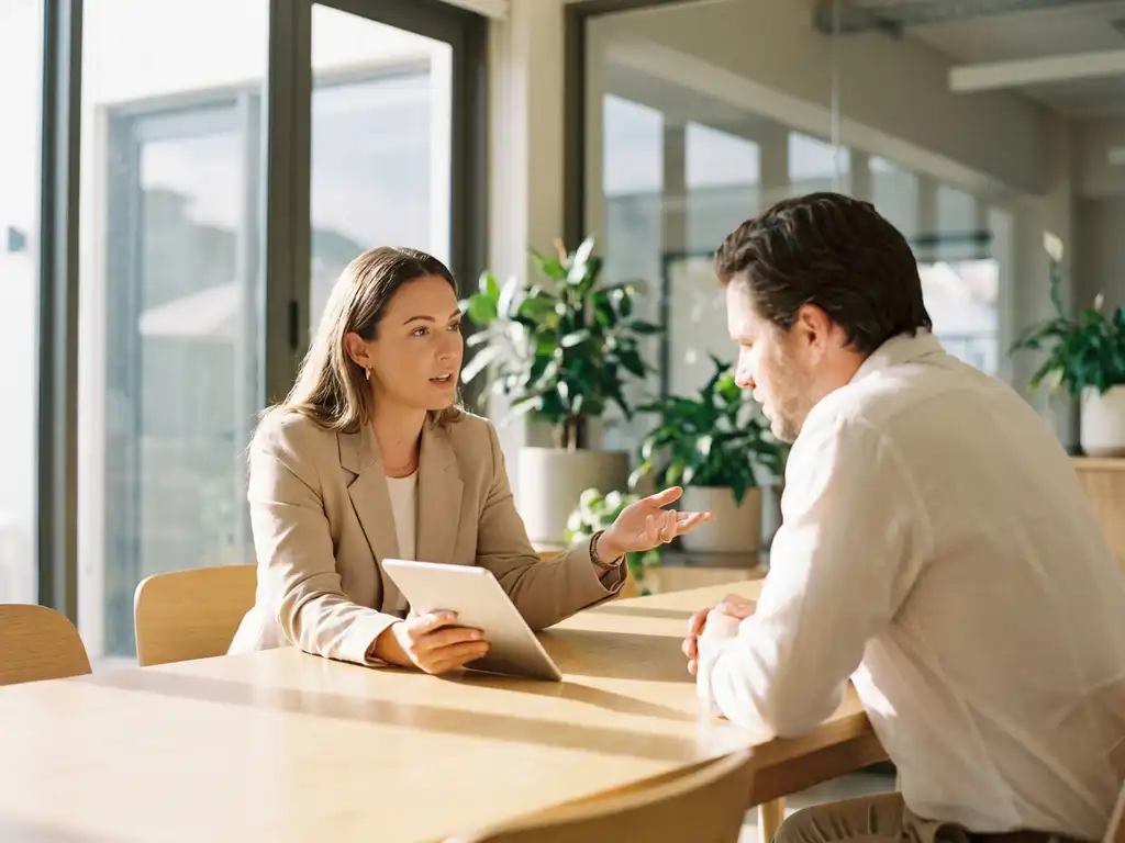 Professionele recruiter en bedrijfseigenaar in gesprek aan moderne eikenhouten vergadertafel, recruiter houdt tablet vast