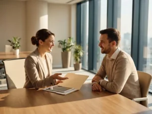 Professionele recruiter en kandidaat in gesprek aan moderne bureau in licht kantoor met natuurlijke belichting