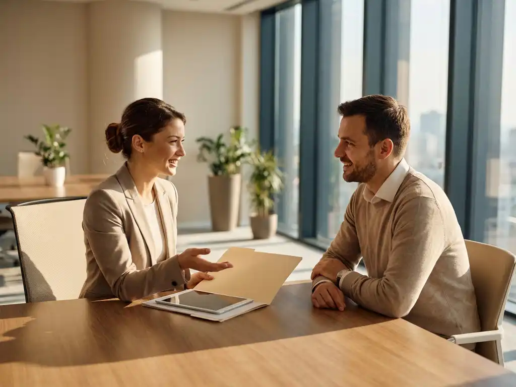 Professionele recruiter en kandidaat in gesprek aan moderne bureau in licht kantoor met natuurlijke belichting