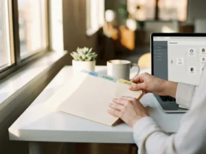 Professionele recruiter bekijkt georganiseerde sollicitatiemap met kleurrijke tabbladen op wit bureau bij raam