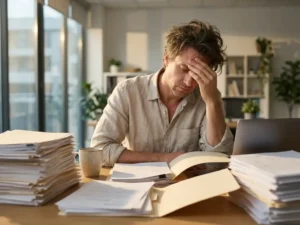 Gestresste recruiter aan bureau met hoge stapels papieren cv's, hand tegen voorhoofd in concentratie