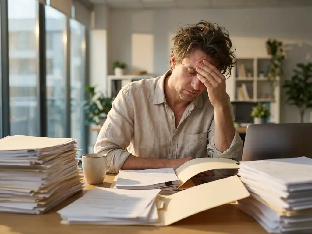 Gestresste recruiter aan bureau met hoge stapels papieren cv's, hand tegen voorhoofd in concentratie