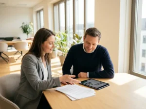 Professionele recruiter en bedrijfseigenaar bespreken employer branding materialen aan houten vergadertafel in modern kantoor