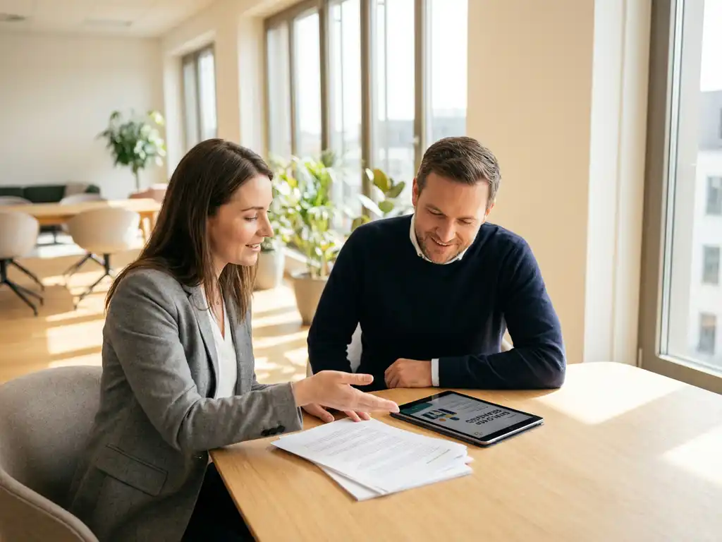 Professionele recruiter en bedrijfseigenaar bespreken employer branding materialen aan houten vergadertafel in modern kantoor